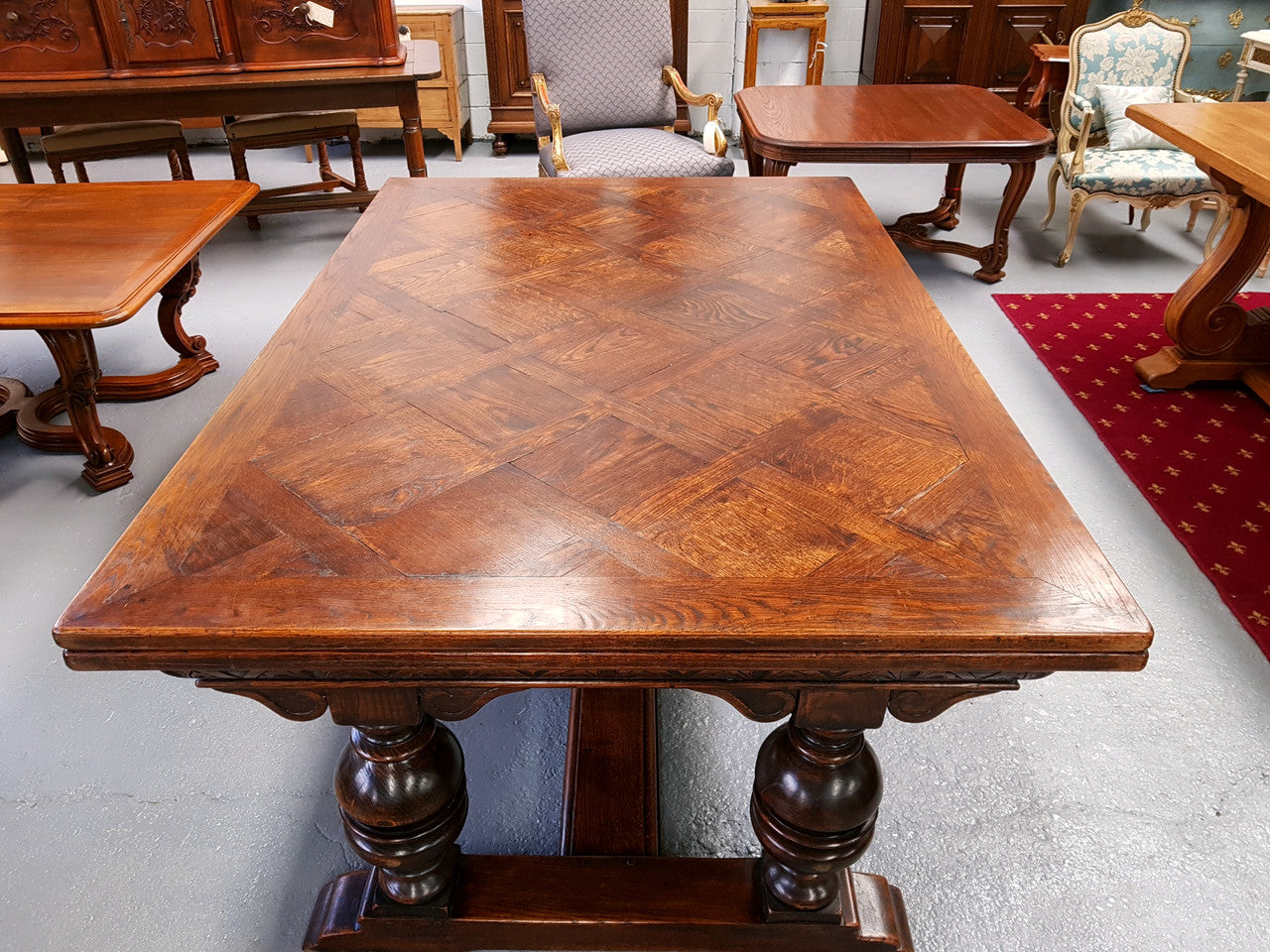 Large Rustic French Oak Parquetry Top Extending Table