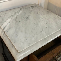 Pair of French Oak Arts and Crafts bedsides cabinets with lovely Carrara marble top and drawer and cupboard for storage. In good original detailed condition.
