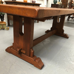 Lovely Oak French Farmhouse table with a thick plank top and lovely stretcher base. Can comfortable seat 8-10 people and is in good original detailed condition.