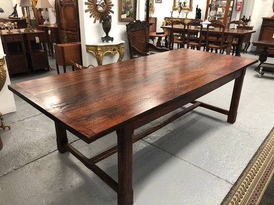 French style reclaimed timber Farmhouse table. Made from reclaimed Red Gum timber this table is very solid and has a great width at 105 cm. It is in very good original detailed condition.