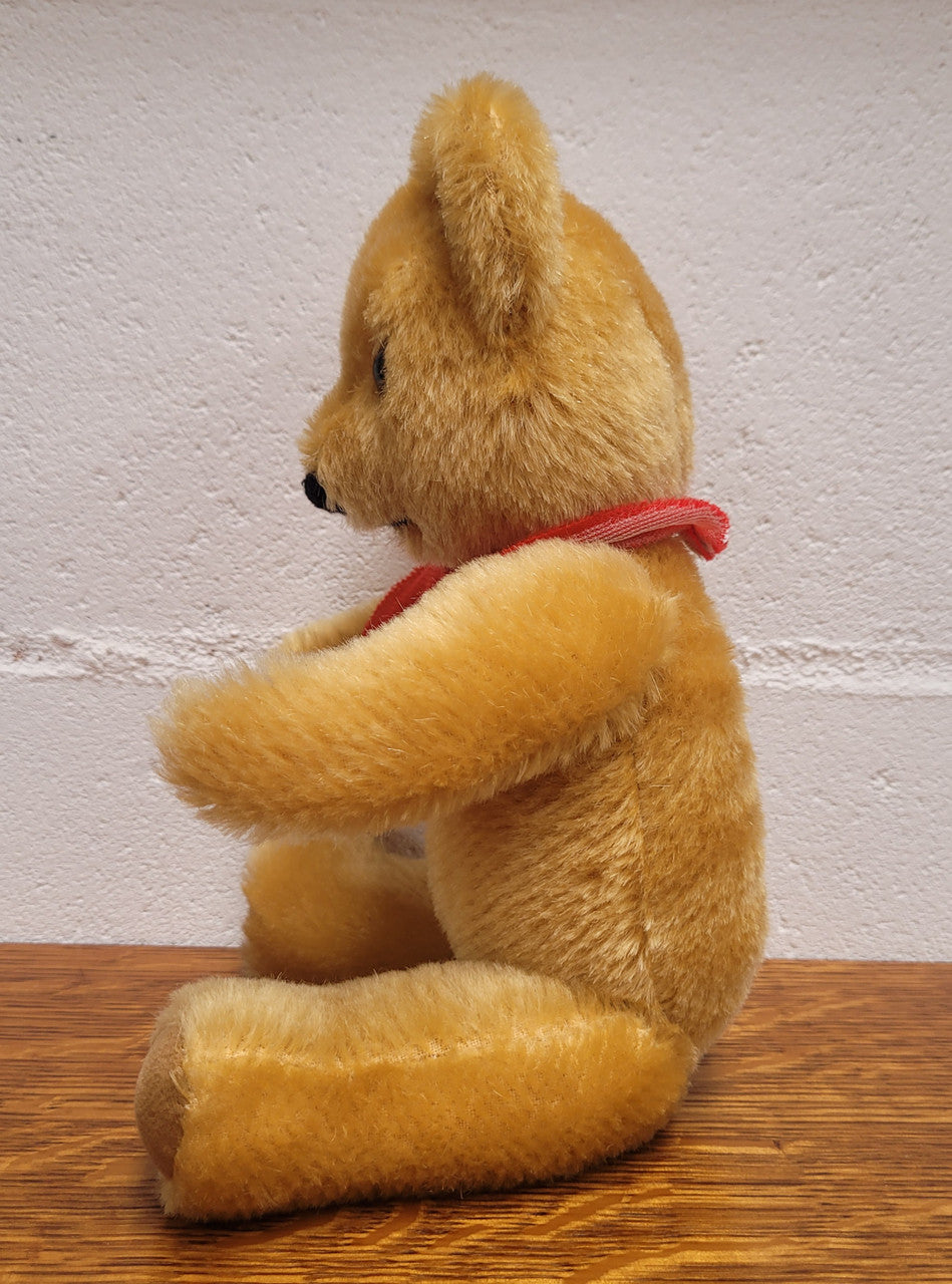 “Merry Thought” Golden Mohair fully Jointed Teddy Bear.  Made in England, commemorating QE2. 32cm length. Excellent Condition.