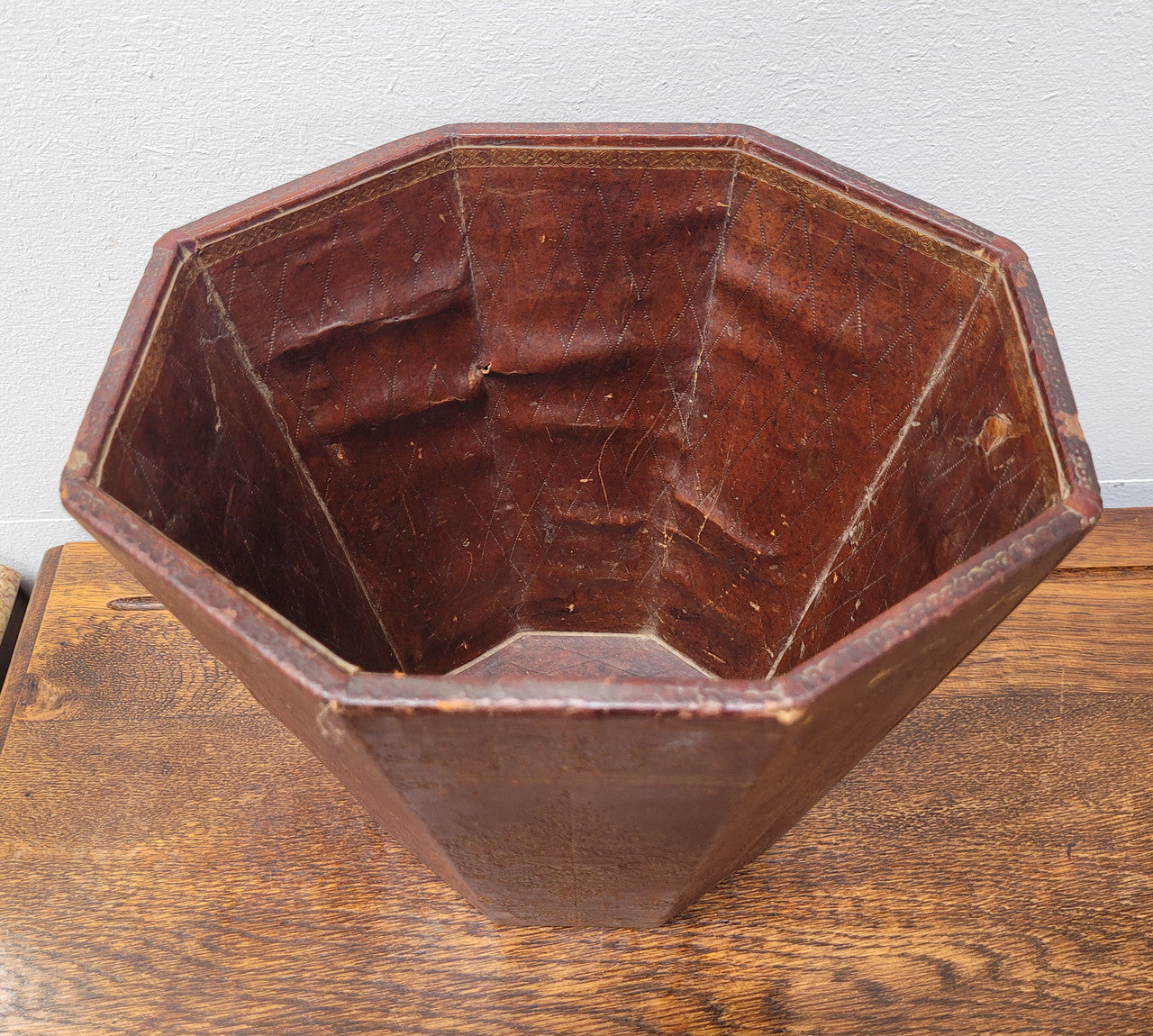 Vintage Italian Tooled Leather Waste Bin
