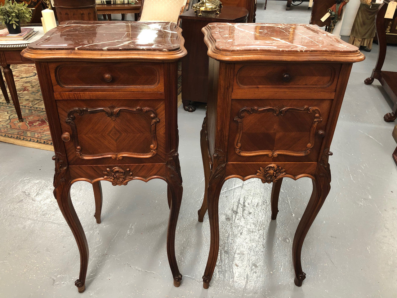 Pair of French Louis XV Style Walnut Bedside Tables