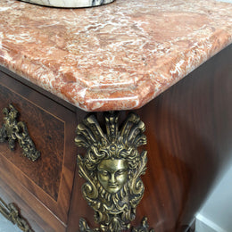 Grande French Louis XIV style Amboyna and walnut two drawer marble top commode, with amazing detailed ormolu mounts, and sienna colour marble top. In good original detailed condition.