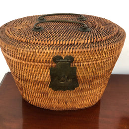 Beautiful Antique Cane Basket With Metal Handles & Latch