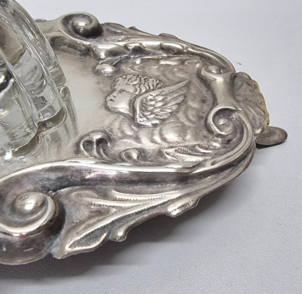 Edwardian Silver Plated Ink Stand Cherub Embossed Design