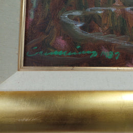 A beautiful Framed oil on canvas in vibrant colours and framed in a lovely gold frame. This piece is signed by artist John Cumming from "The Mill Gallery" and still has its original gallery card as shown in picture. It is in good original condition.