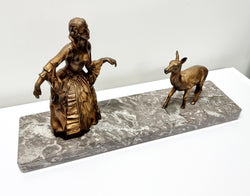 Art Deco Gilt Metal Lady & Deer Statue on Marble Base | Antique & Vintage | Moonee Ponds Antiques | Australia Wide Delivery