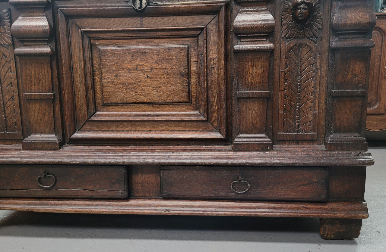 Stunning 18th Century solid French oak Cassone. It has plently of storage space inside along with two drawers at the bottom. It has loads of charter and has been sourced from France. It is in good original detailed condition.