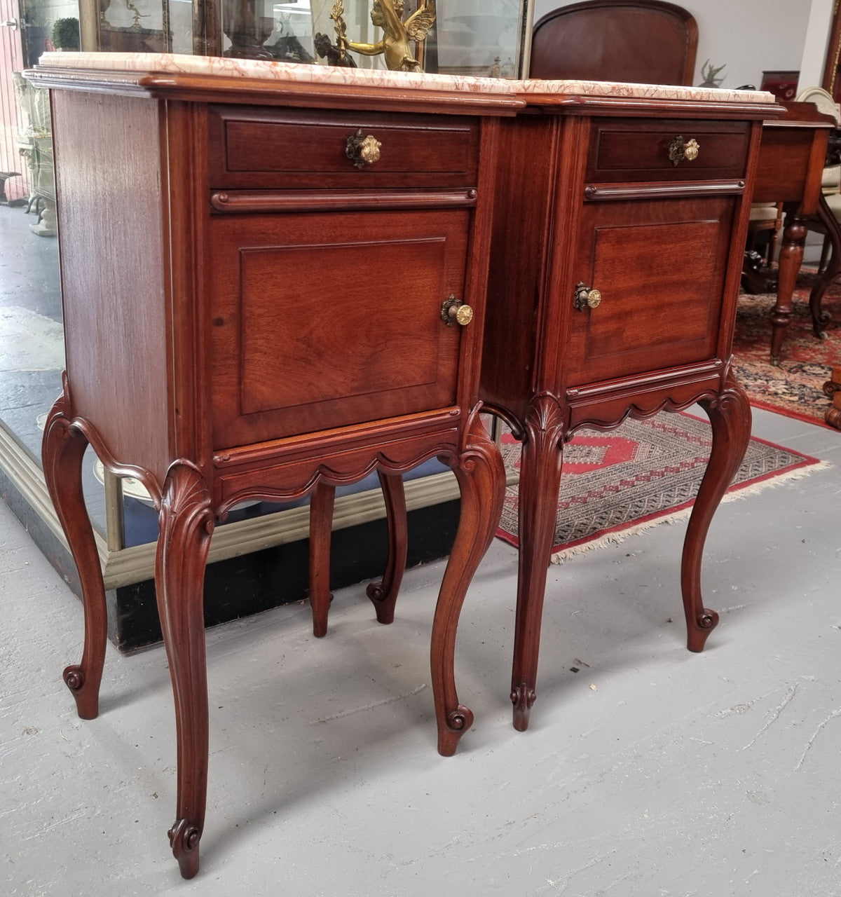 Pair French Louis 15th Style Mahogany Inset Marble Top Bedsides