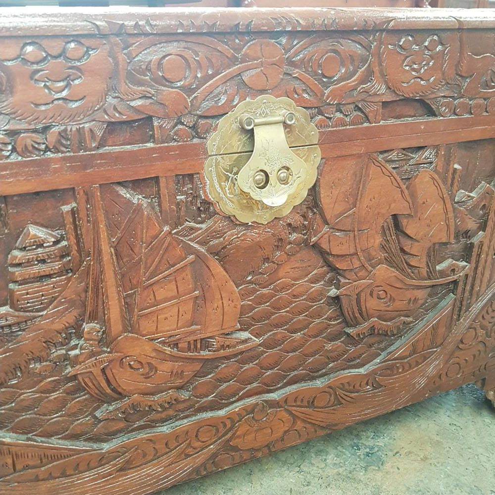 Carved Boat Scene Camphor Wooden Trunk | Antique & Vintage | Moonee Ponds Antiques | Australia Wide Delivery