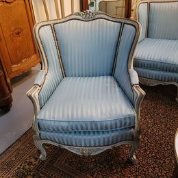 Well Proportioned Louis XV Salon Suite consisting of well proportioned 3 seater down cushioned, winged settee with 2 matching bergere chairs. All upholstered in stunning blue self stripe fabric. In excellent condition. Circa: 1930's.