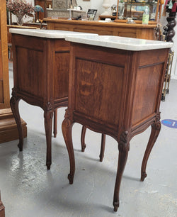 Pair French Oak Louis XV Carrera Marble Top Bedside Cabinets | Antique & Vintage | Moonee Ponds Antiques | Australia Wide Delivery