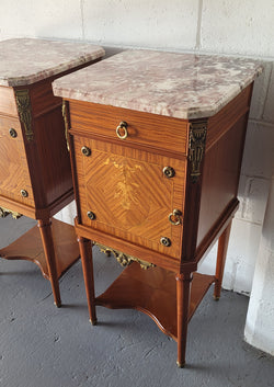Pair of Louis XVI Style Mahogany Marquetry Inlaid Marble Top Bedside Cabinets | Antique & Vintage | Moonee Ponds Antiques | Australia Wide Delivery