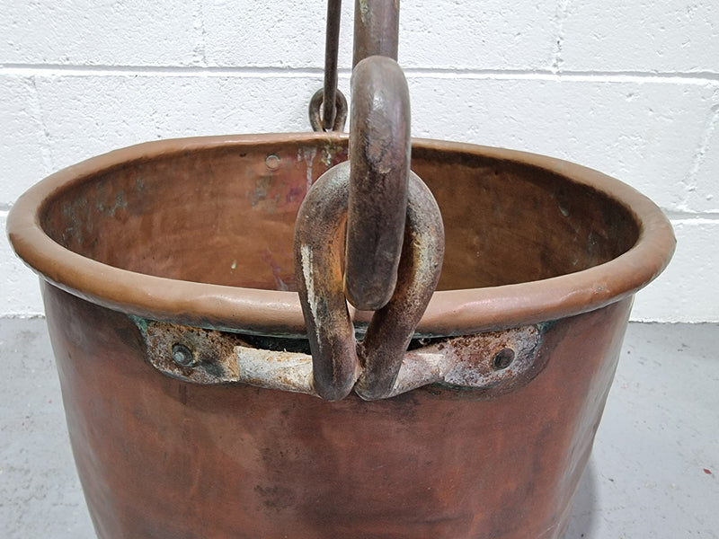 Antique French Copper firewood handled bucket. It is in good original detailed condition.