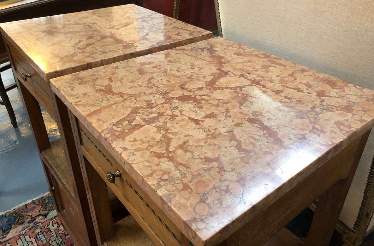Beautiful Pair of French Oak Inlaid Marble Top Bedside Cabinets | Antique & Vintage | Moonee Ponds Antiques | Australia Wide Delivery