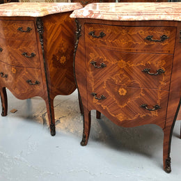 Rare Pair of French miniature commode bedsides with beautiful marquetry inlay & ormolu mount. Circa 1950's and are in very good condition.