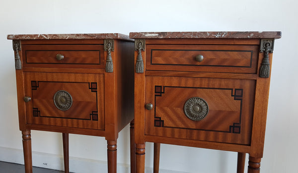 Pair Of French inlaid & Marble Top Bedsides