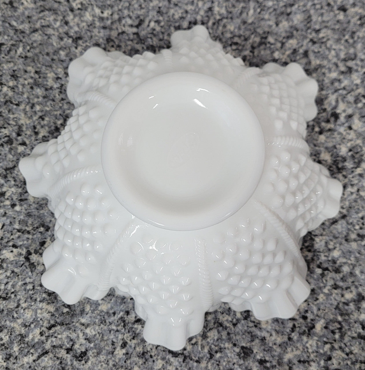Charming frilled edge “Fenton” milk glass bowl. It is in good original condition, please view photos as they help form part of the description.