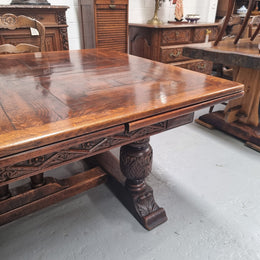 Renaissance style Oak extension table with parquetry top and twin pedestal base. The table extends by pulling out an extension leaf either side making it 287 cm long. Sourced from France and in good original detailed condition.