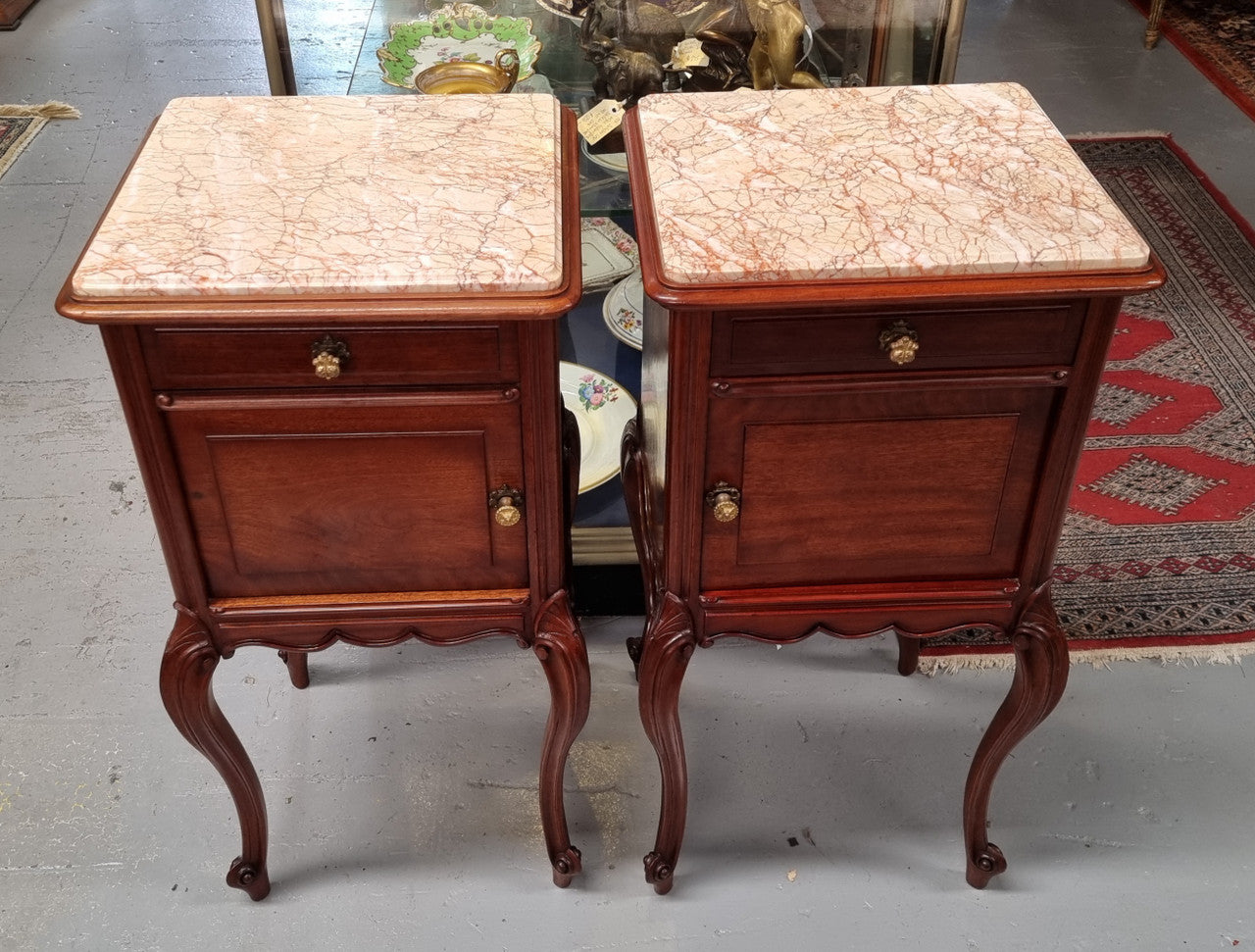 Pair French Louis 15th Style Mahogany Inset Marble Top Bedsides