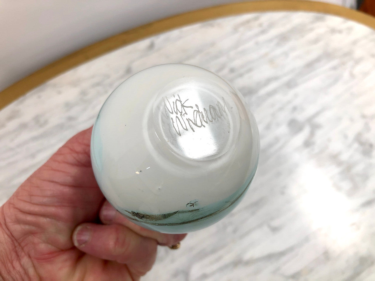 Nick Wirdnam Round White & Blue Art Glass Scent Bottle | Antique & Vintage | Moonee Ponds Antiques | Australia Wide Delivery