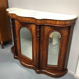 Petite Victorian Marble Top Sideboard-Credenza With Beautiful Marquetry Inlay