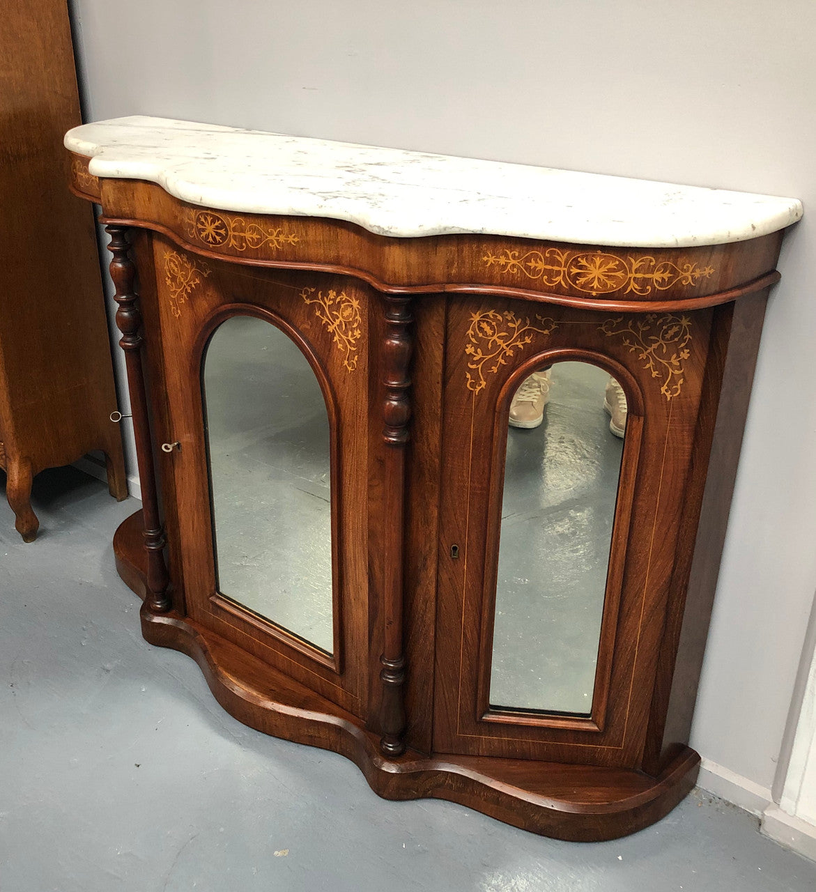 Petite Victorian Marble Top Sideboard-Credenza With Beautiful Marquetry Inlay