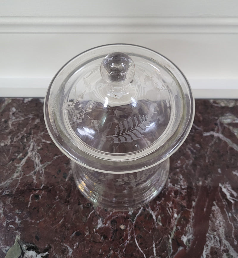 Victorian etched glass lidded jar. Please view photos as they help form part of the description.