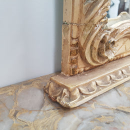 Beautifully carved Italian Rococo style painted console/hall table and mirror. An amazing coloured marble top showing sections of gold veins and is in good condition. Mantle mirror is retaining it's original mirror and showing ages spots.