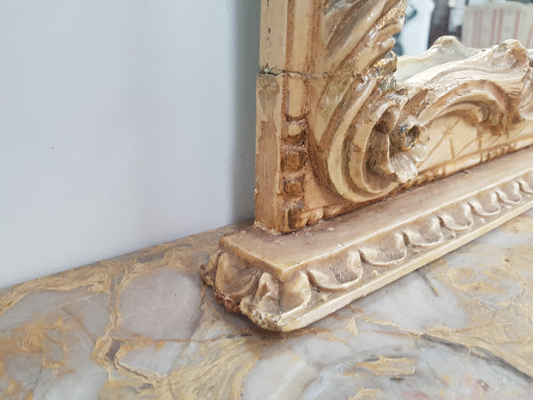 Beautifully carved Italian Rococo style painted console/hall table and mirror. An amazing coloured marble top showing sections of gold veins and is in good condition. Mantle mirror is retaining it's original mirror and showing ages spots.