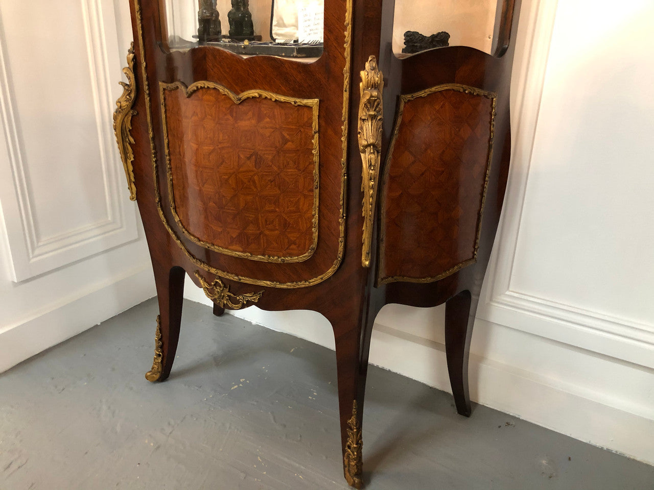 Stunning Antique Louis XV Style Walnut & Marquetry Inlay Vitrine