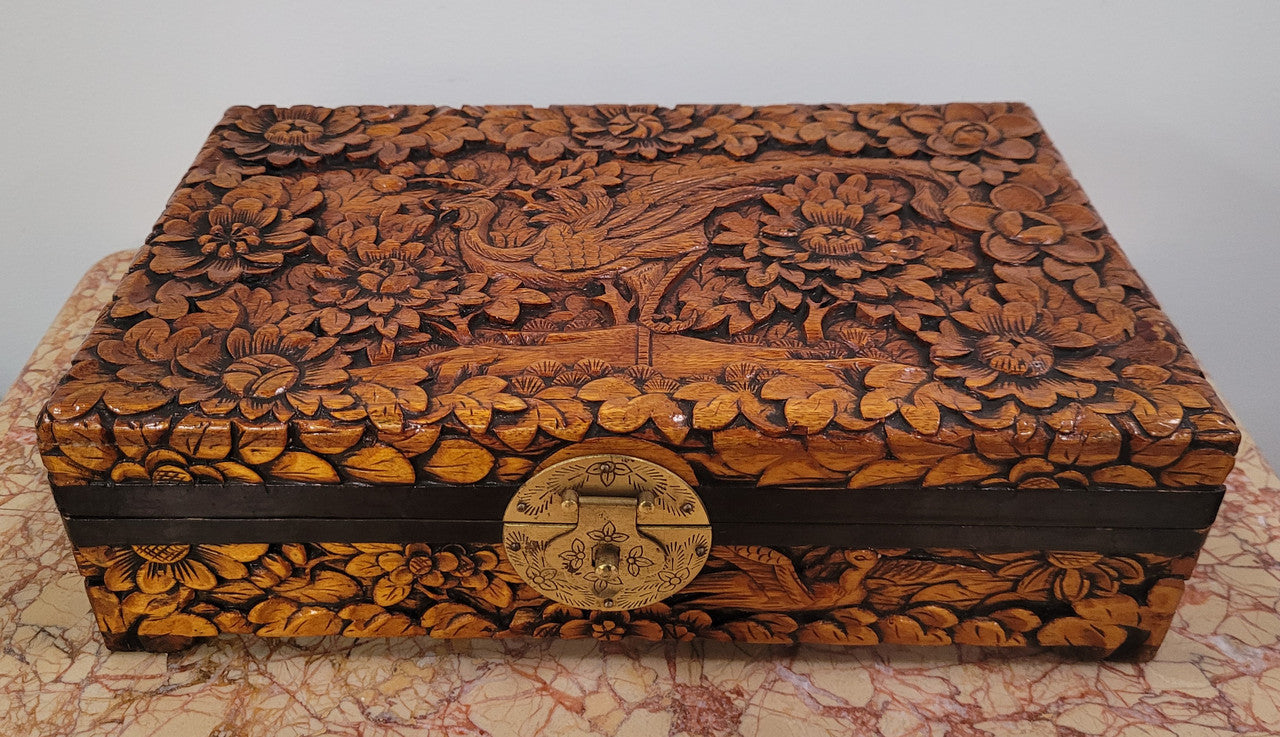 Vintage unusual Camphor Wood valet fitted jewelry box with nicely carved phoenix on the top. It is in good original detailed condition.