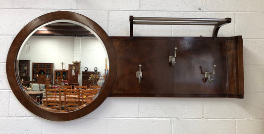 French Art Deco Walnut Coat & Hat Rack With Mirror
