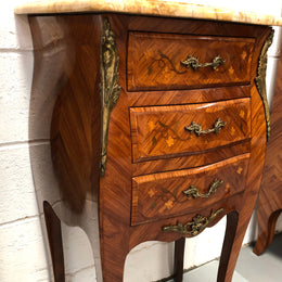Pair of French Louis XV Style Marquetry Inlaid Marble Top Bedsides