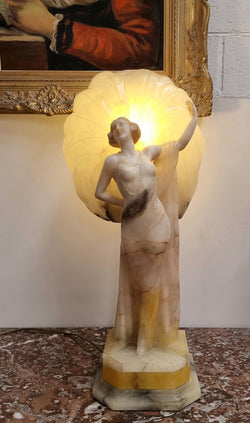 Monumental Art Deco Alabaster & Marble Figural Lamp Modelled As a Seductively Dressed Semi Naked Woman | Antique & Vintage | Moonee Ponds Antiques | Australia Wide Delivery