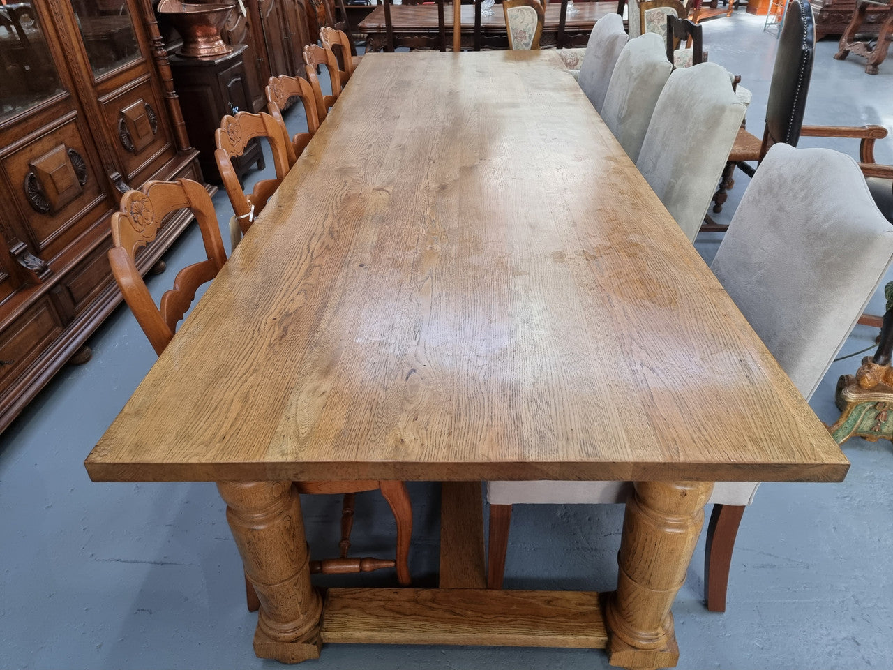 3 Meter Bespoke Oak Stretcher Base Farmhouse Dining Table | Antique & Vintage | Moonee Ponds Antiques | Australia Wide Delivery