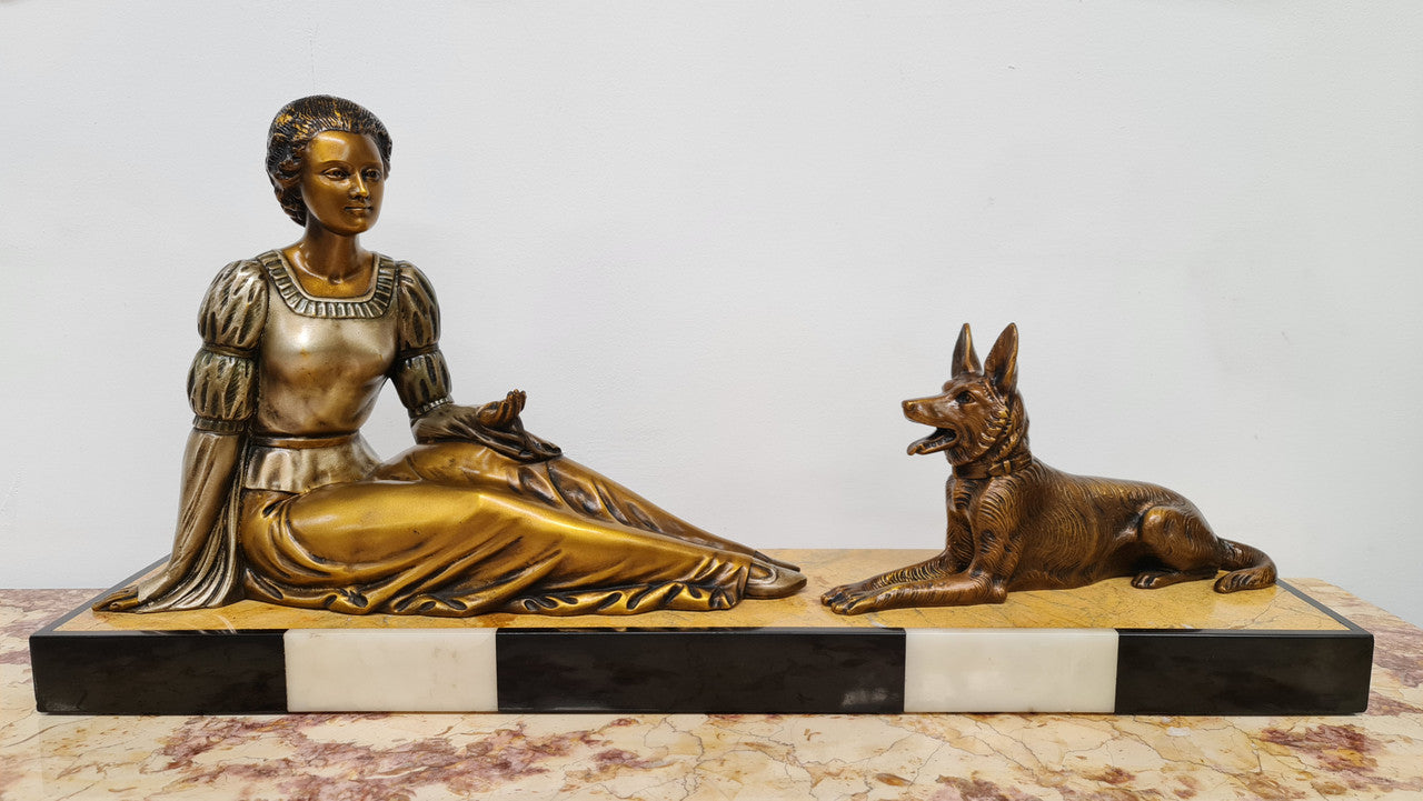 Art Deco Sculpture of Lovely Seated Lady with German Shepherd