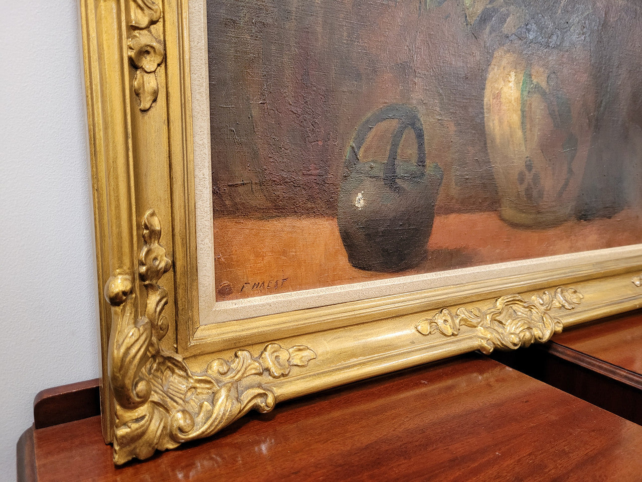 French signed oil on canvas depicting floral still life in charming gilt frame. Sourced from France and in good original detailed condition.