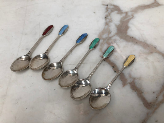 Set Of Six English Art Deco Silver And Enamel Spoons Hallmarked