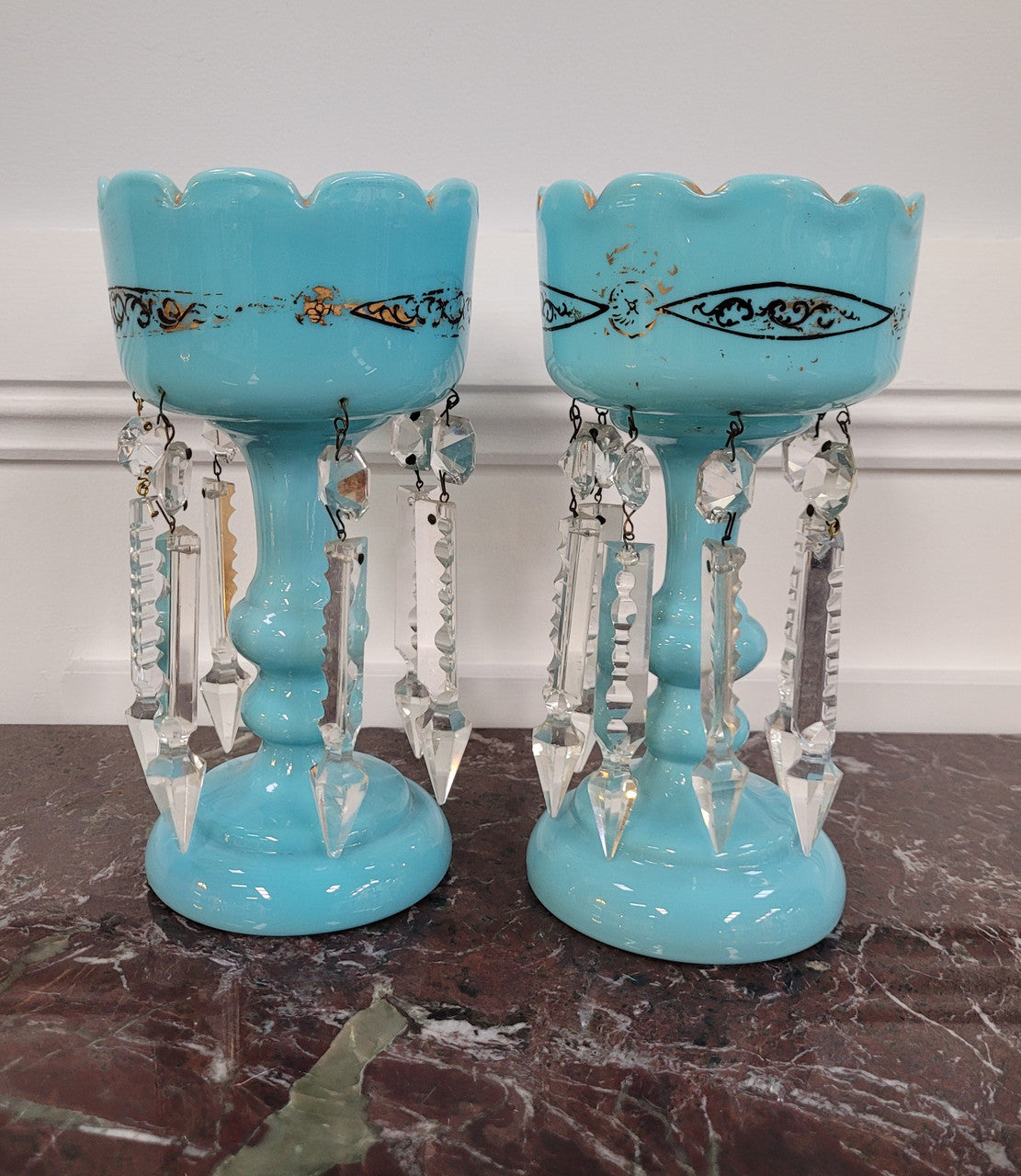 Pair of Blue Opaline Glass Victorian Lustre Vases