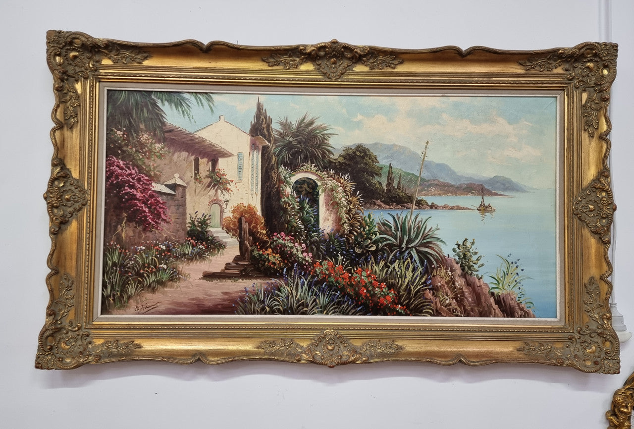 Large Signed Oil On Canvas " Mediterranean Coastal Scene" In Gilt Frame Sourced From France | Antique & Vintage | Moonee Ponds Antiques | Australia Wide Delivery
