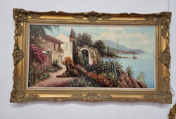 Large Signed Oil On Canvas " Mediterranean Coastal Scene" In Gilt Frame Sourced From France | Antique & Vintage | Moonee Ponds Antiques | Australia Wide Delivery