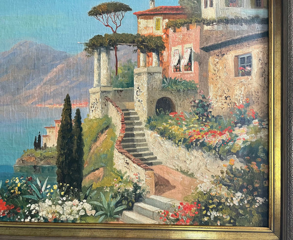 Superb gilt framed oil painting of Italian coastal scene. Sourced from France and is in good original detailed condition.
