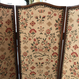 Vintage French Oak 3 fold tapestry covered privacy screen. Tapestry is in good condition with very minor wear and tear.