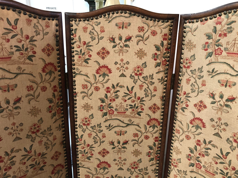 Vintage French Oak 3 fold tapestry covered privacy screen. Tapestry is in good condition with very minor wear and tear.