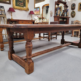 Amazing 2.65 meter French Elm Refectory dining table with loads of rustic charm. This table has been sourced from France and can comfortably seat ten people. It is in good original detailed condition.