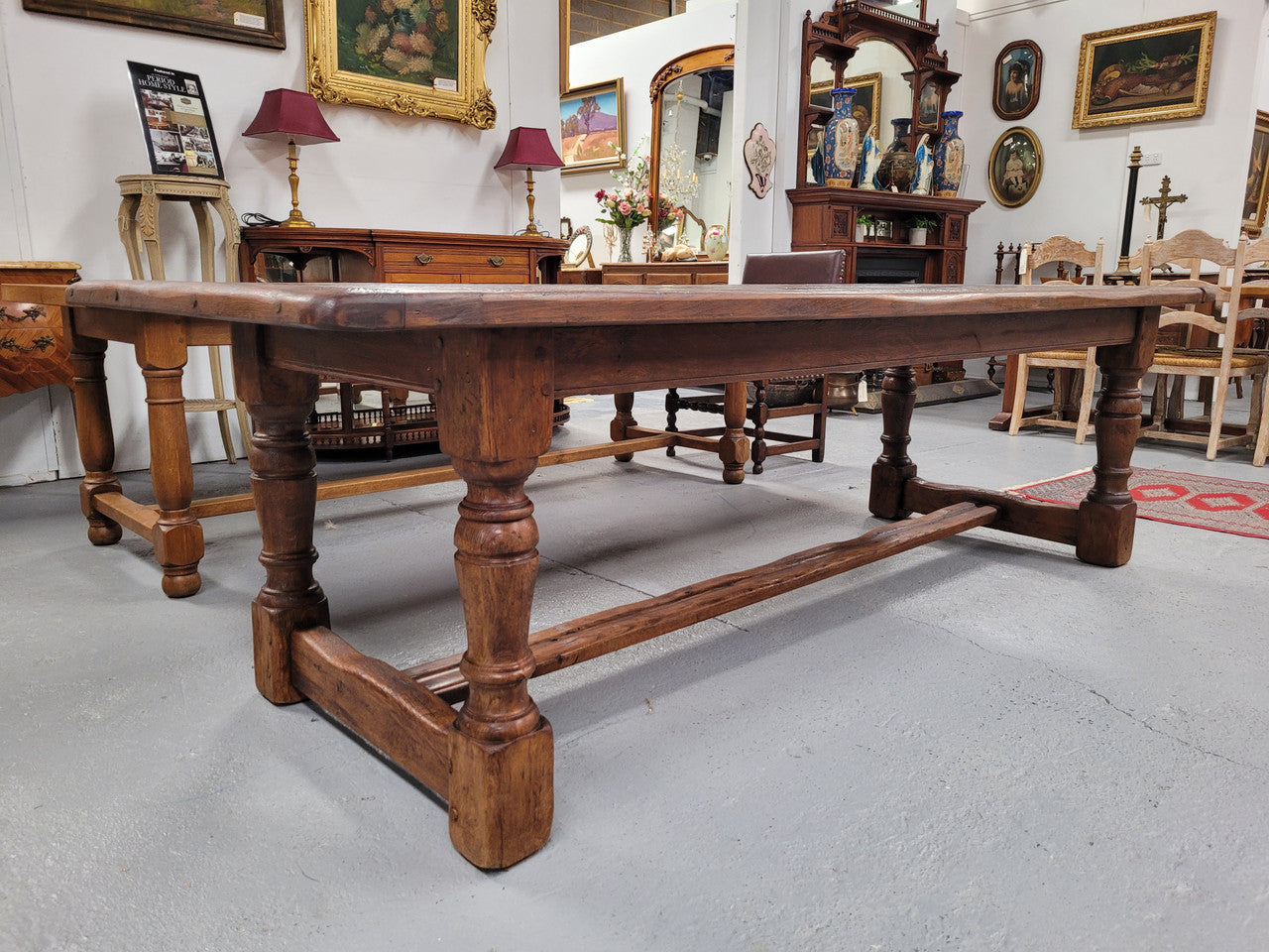 Amazing 2.65 meter French Elm Refectory dining table with loads of rustic charm. This table has been sourced from France and can comfortably seat ten people. It is in good original detailed condition.