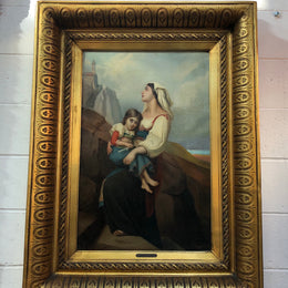 Sourced in France is this beautiful oil painting on canvas on a restored board of a lady and child. Framed in a thick decorative gilt frame. Signed and in good condition.