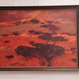 Stunning abstract landscape signed " Hans Van Vlodrop" Australian oil on board. Circa 1980's. It has been sourced locally and is in good original condition.